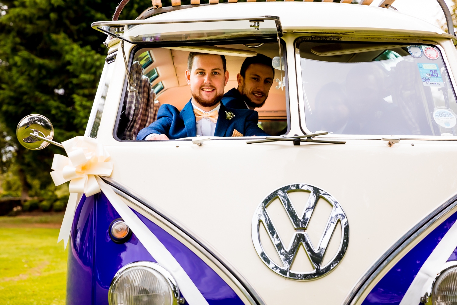 Elliot driving the VW campervan wedding car