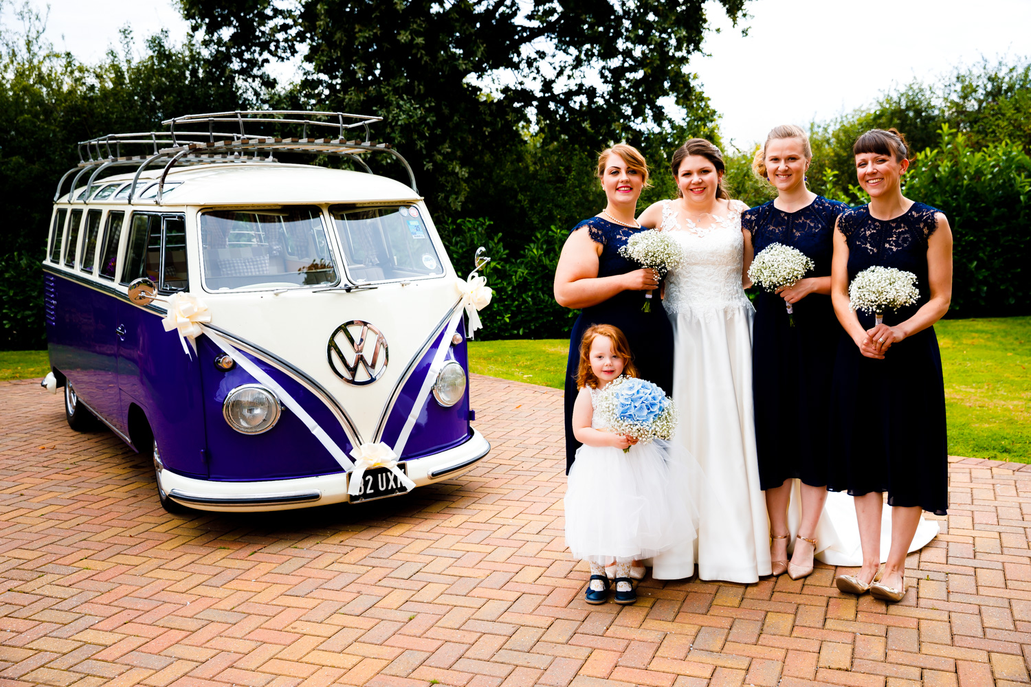 Photos of Danielle and her bridesmaids next to the VW campervan